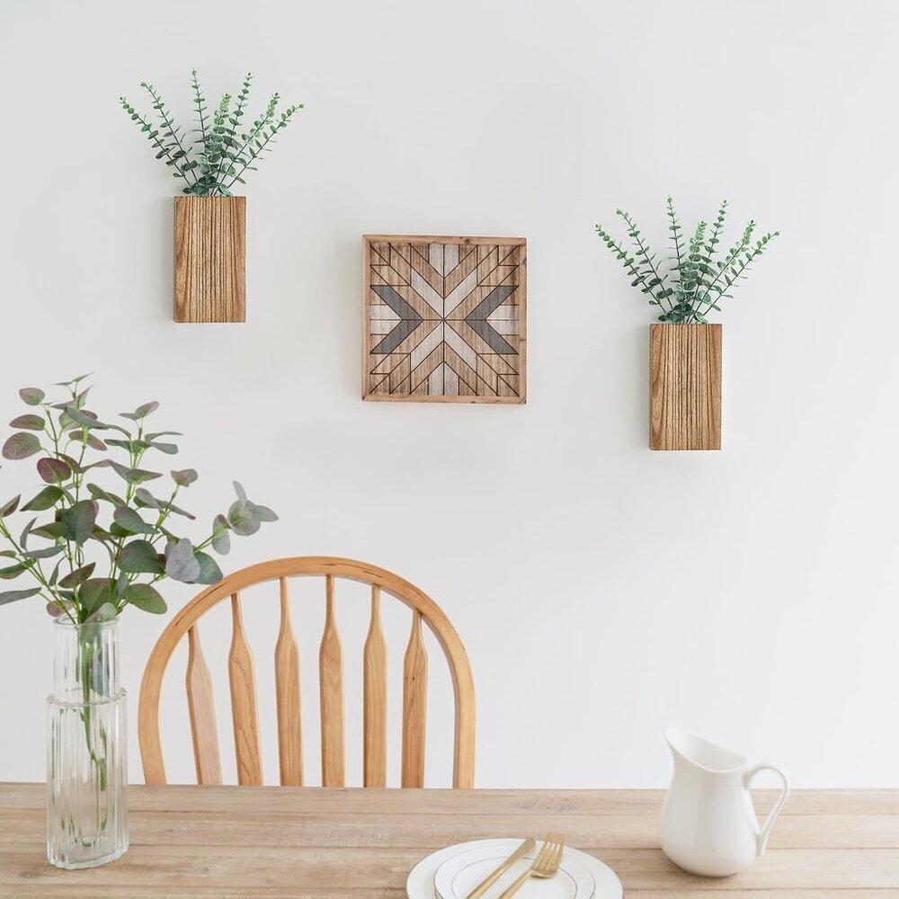 2 Pack Wood Wall Planter Vase with Artificial Eucalyptus Farmhouse Wall Hanging - Picture 4 of 5